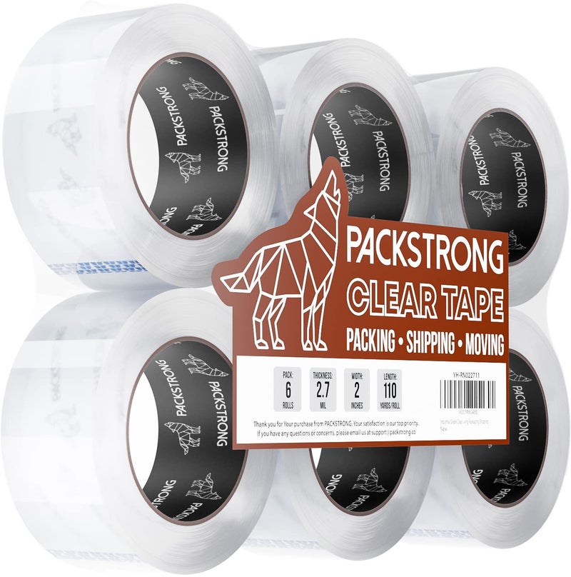 Packstrong Industrial Grade Clear Packing Tape 6 Rolls - 110 Yards per Roll - 2" Wide x 2.7 mil Thick, Acrylic Adhesive Heavy Duty Tape for Box Office Moving Packaging Shipping - Image 1